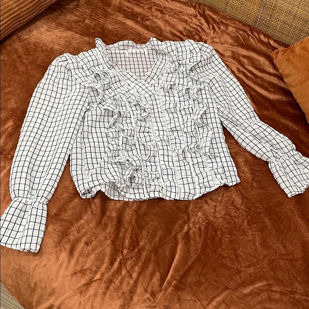 White Checkered Ruffle Blouse - image 1